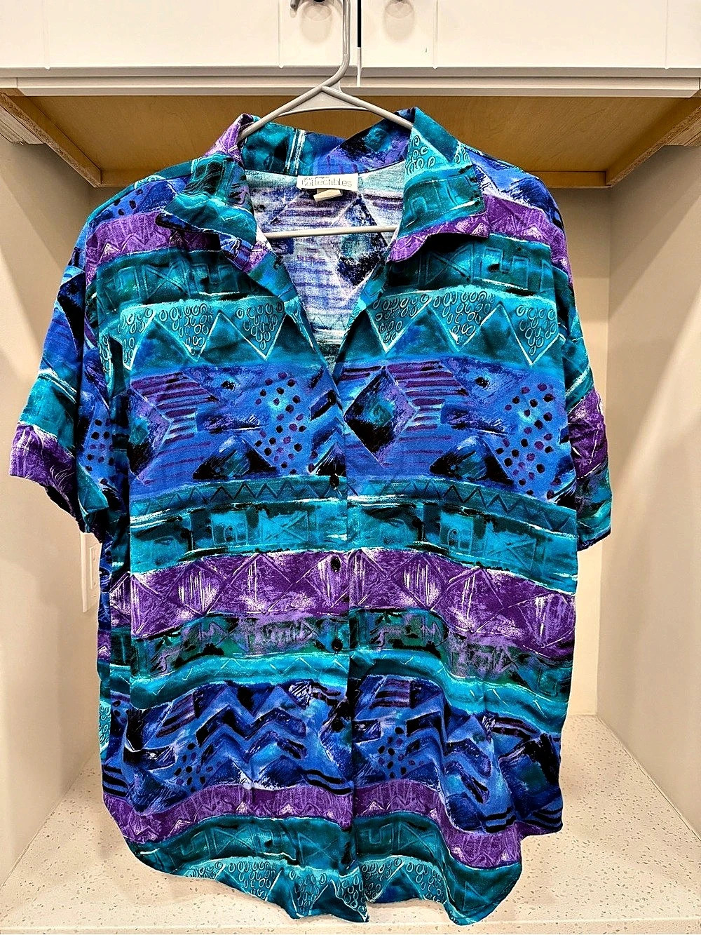 Vintage 1980’s- Colorful Abstract Button Down Shirt in Blue & Purple
